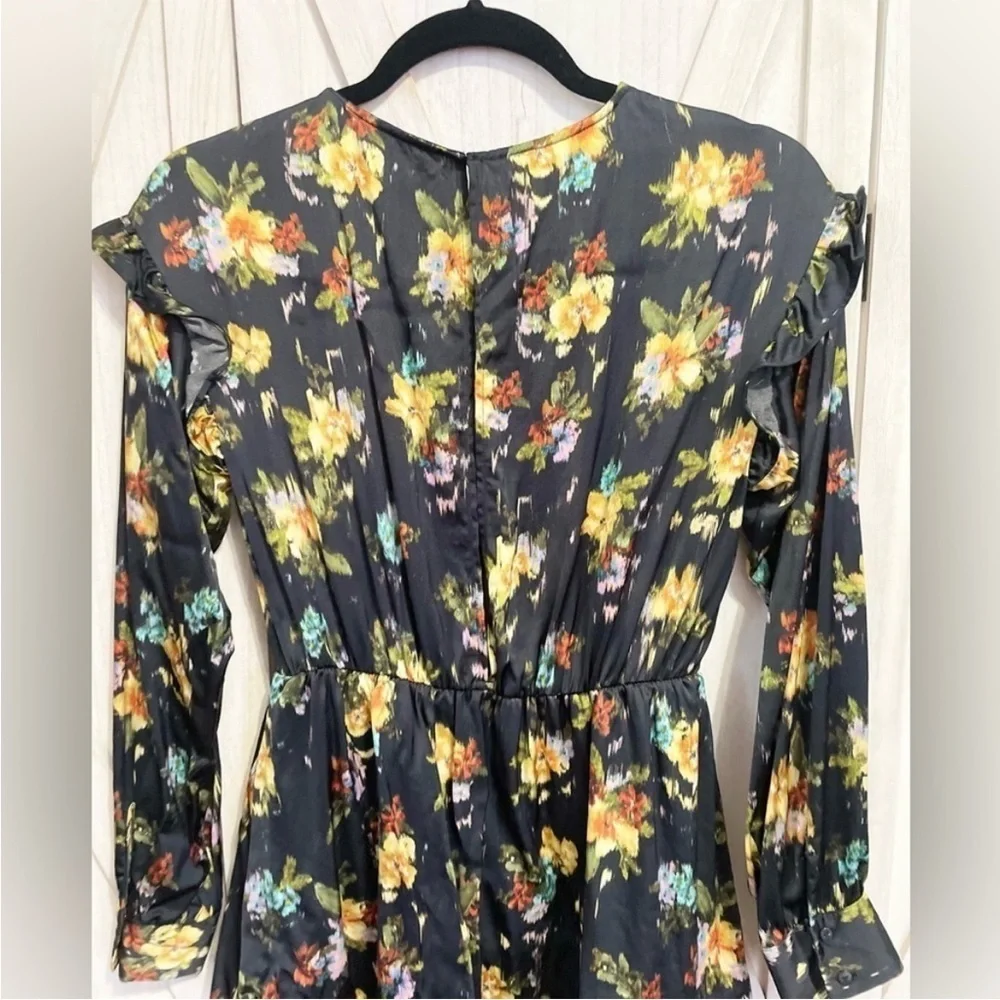 Zara Black Floral Ruffle‎ Mini Long Sleeves Dress Size XS - Picture 7 of 16